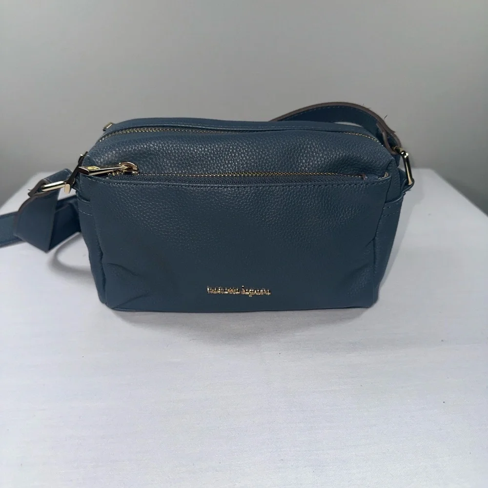 Nanette Lepore Riya Camera Bag Pebbled Vegan Leather Crossbody Deep Dusty Blue